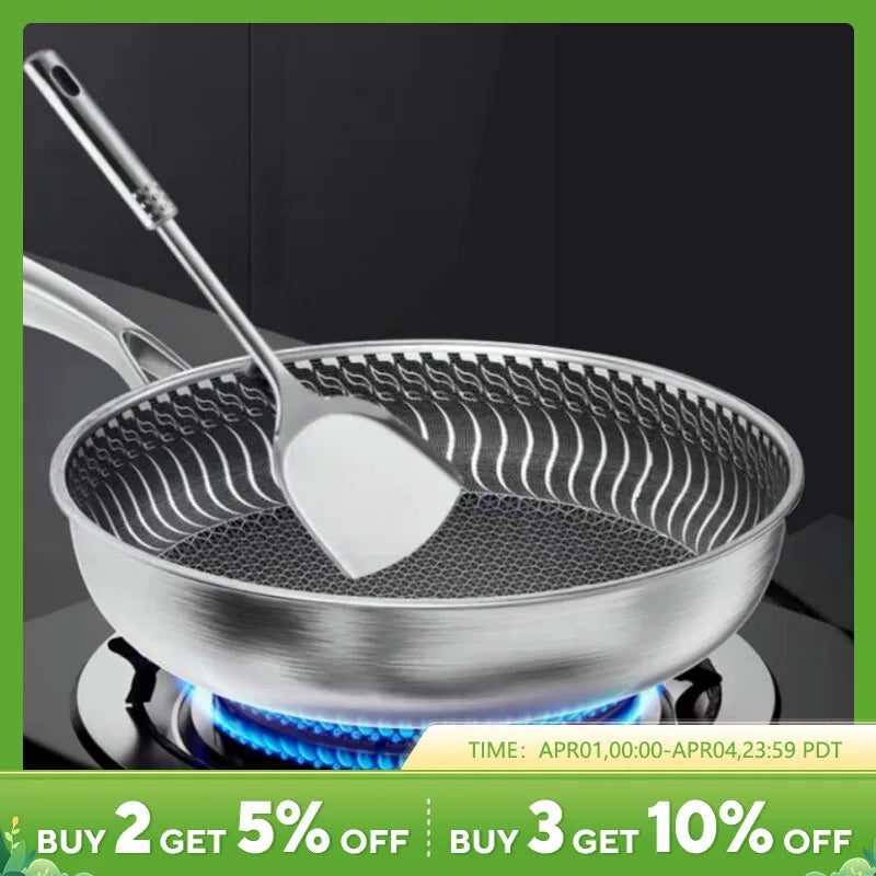 Tri-Ply Stainless Steel Frying Pan, 316 Stainless Steel, Double-sided Honeycomb